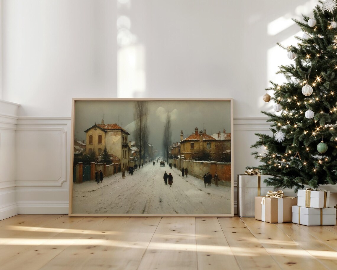 Vintage Winter Street Scene, Snowy Houses Art Print
