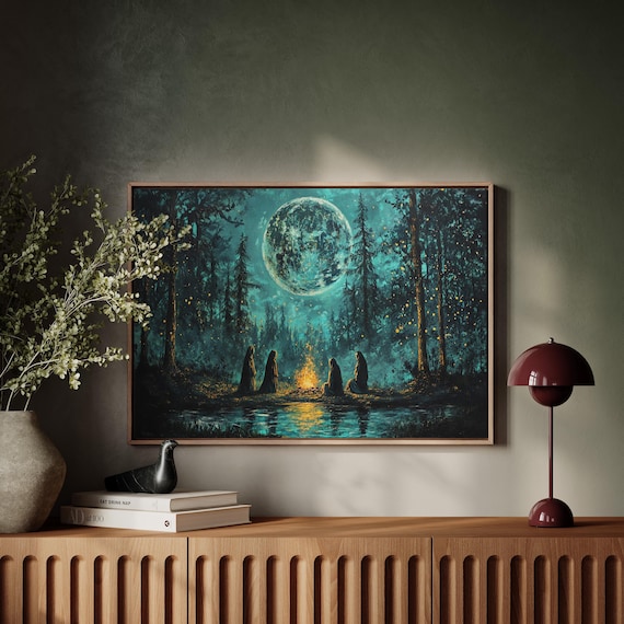 Mystical Moonlit Forest Gathering Campfire Night Scene Poster