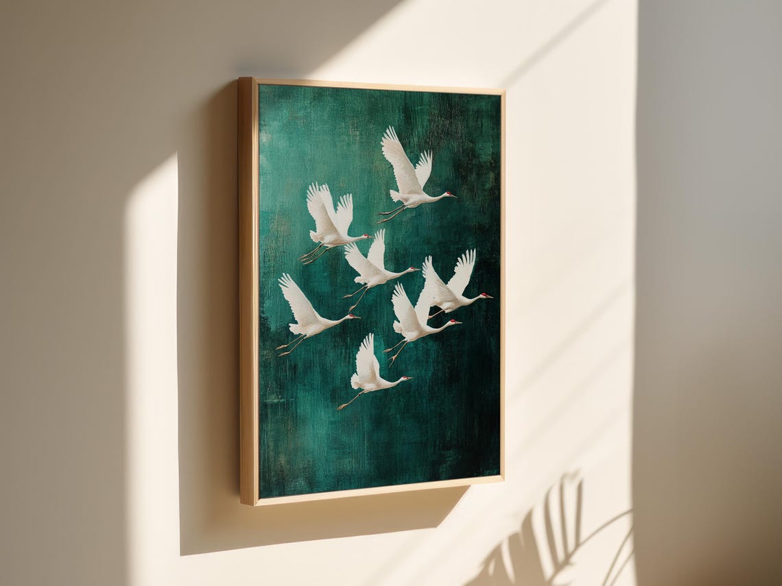 Seven White Cranes In Flight Teal Green Minimalist Bird Poster - Image 6