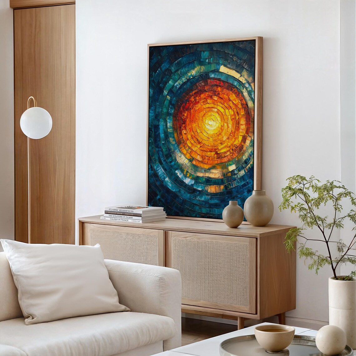 Radiant Sunburst Circular Abstract Oil Painting Fiery Orange Poster - Image 2