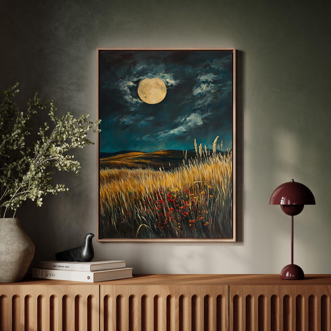 Golden Wheatfield Wildflowers Full Moon Cloudy Night Sky Poster - Image 7