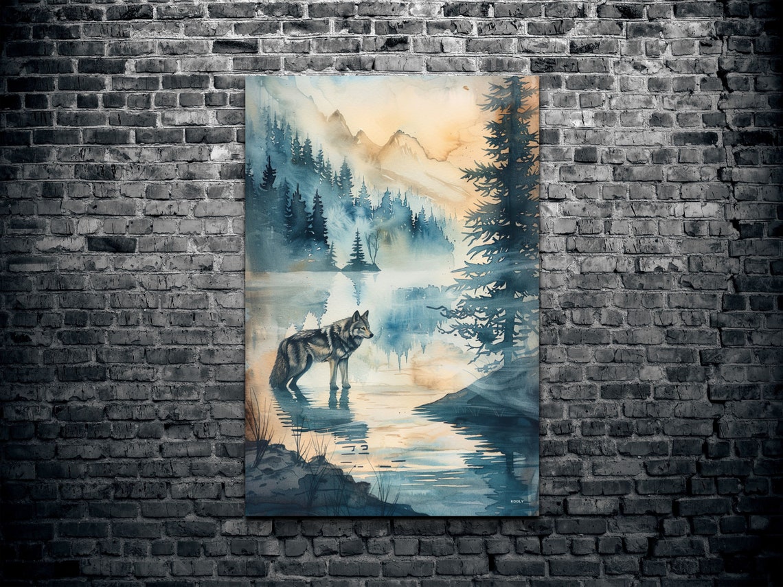 Watercolor Wolf at a Misty Mountain Lake Naturescape Wall Art - Image 2