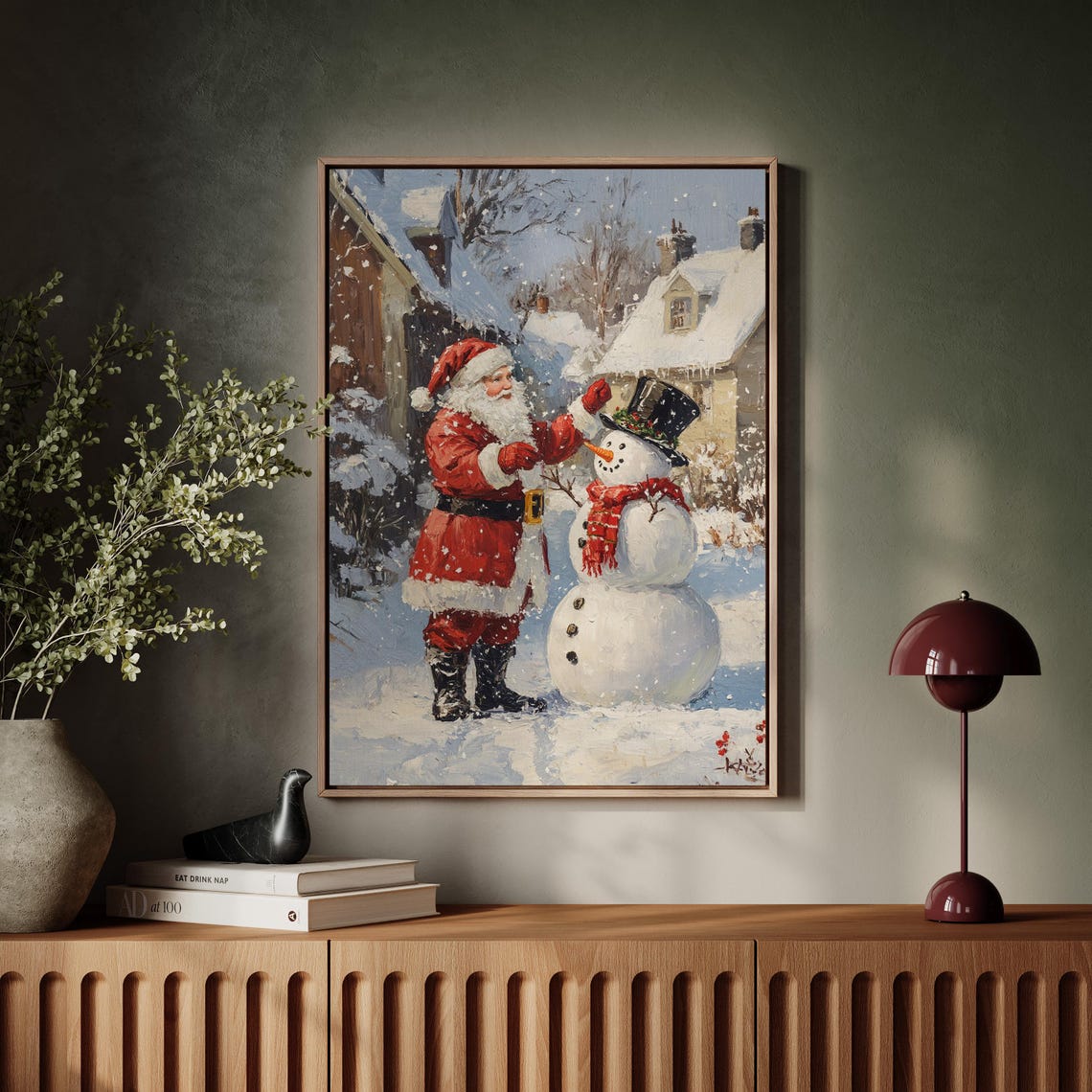 Santa Building Snowman Vintage Oil Painting Christmas Holiday Wall Art Festive Winter Scene For Seasonal Home Decor - Image 5