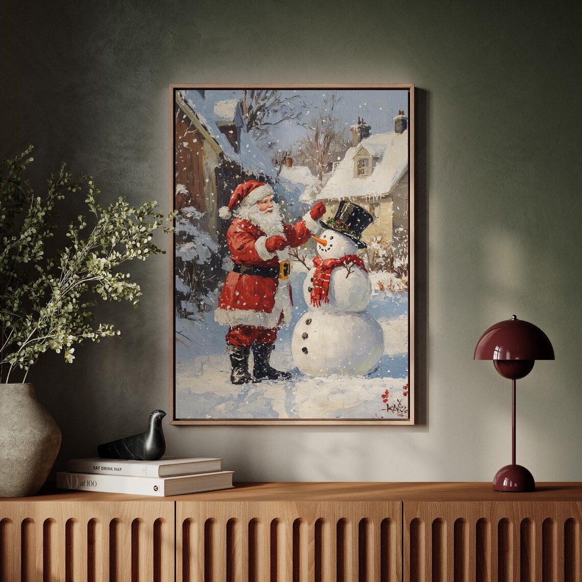 Vintage Santa Claus Building Snowman Snowy Village Oil Painting Poster - Image 5