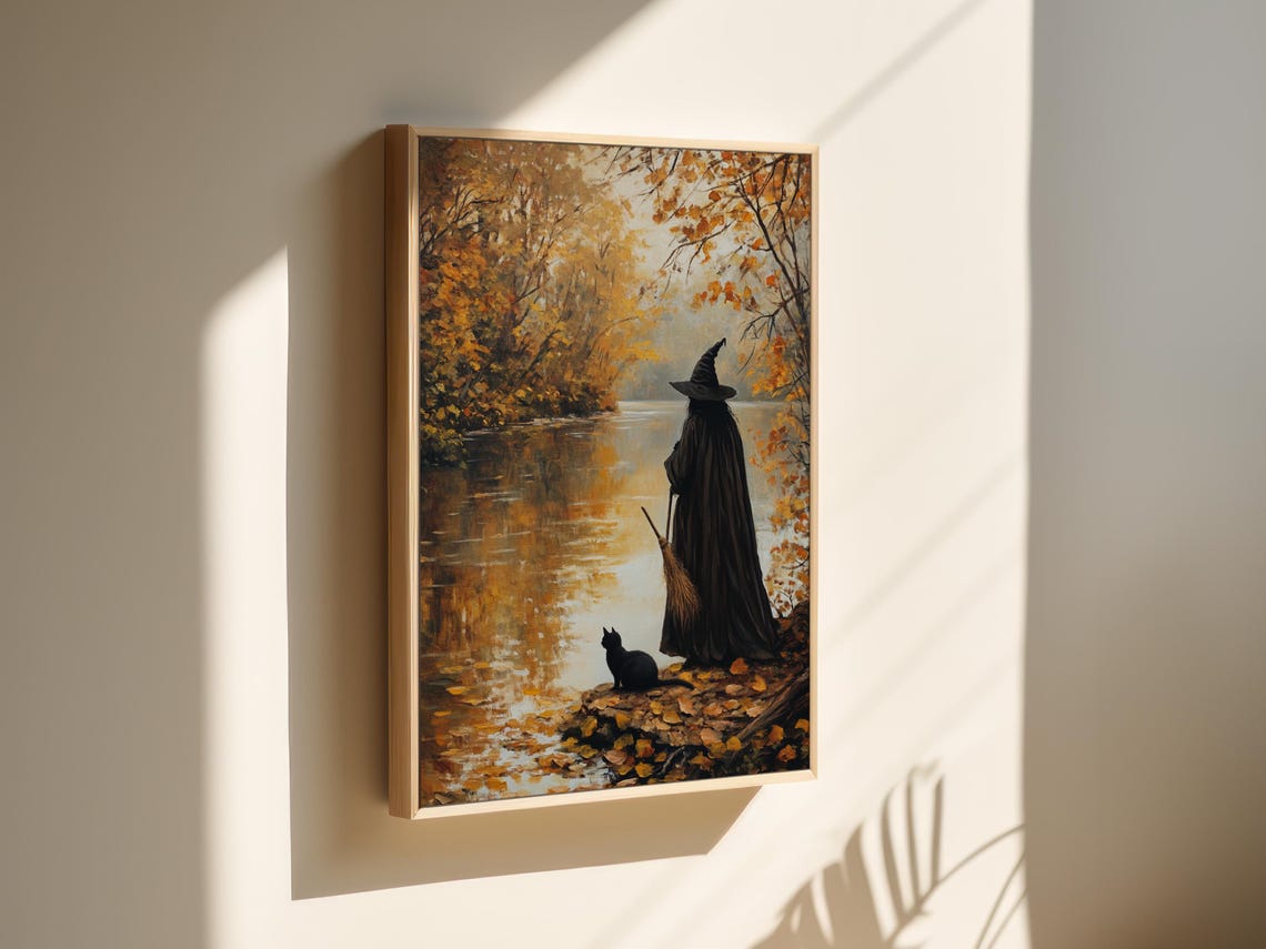 Autumn Witch Black Cat Lakeside Fall Halloween Cottagecore Poster - Image 4