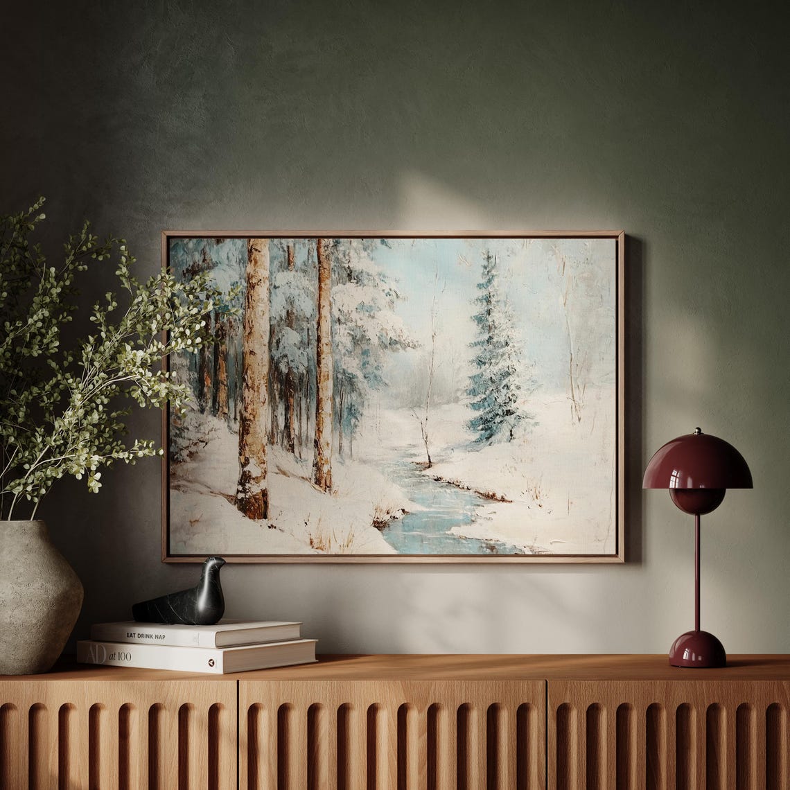 Snowy Birch Forest Stream Winter Wonderland Landscape Wall Art - Image 5