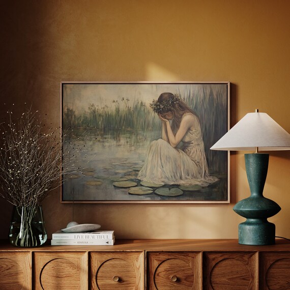Weeping Woman in White Dress with Flower Crown on Lily Pads Poster