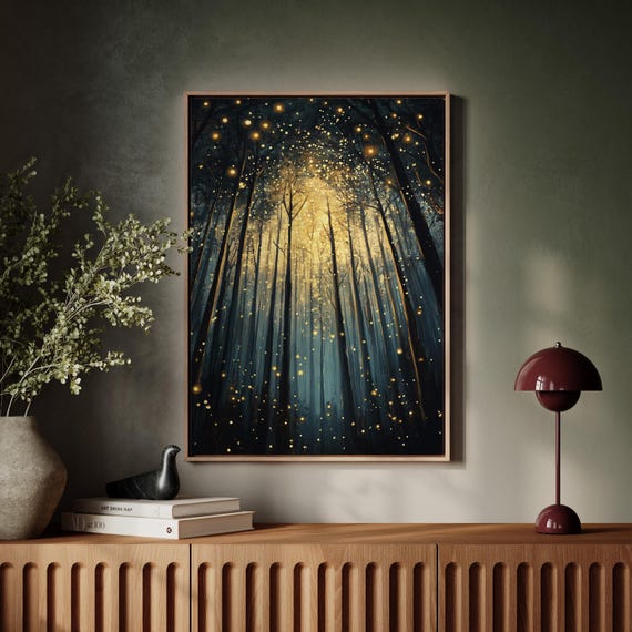 Enchanted Forest Art With Glowing Fireflies Mystical Wall Decor Nature Inspired Magical Woodland Scene