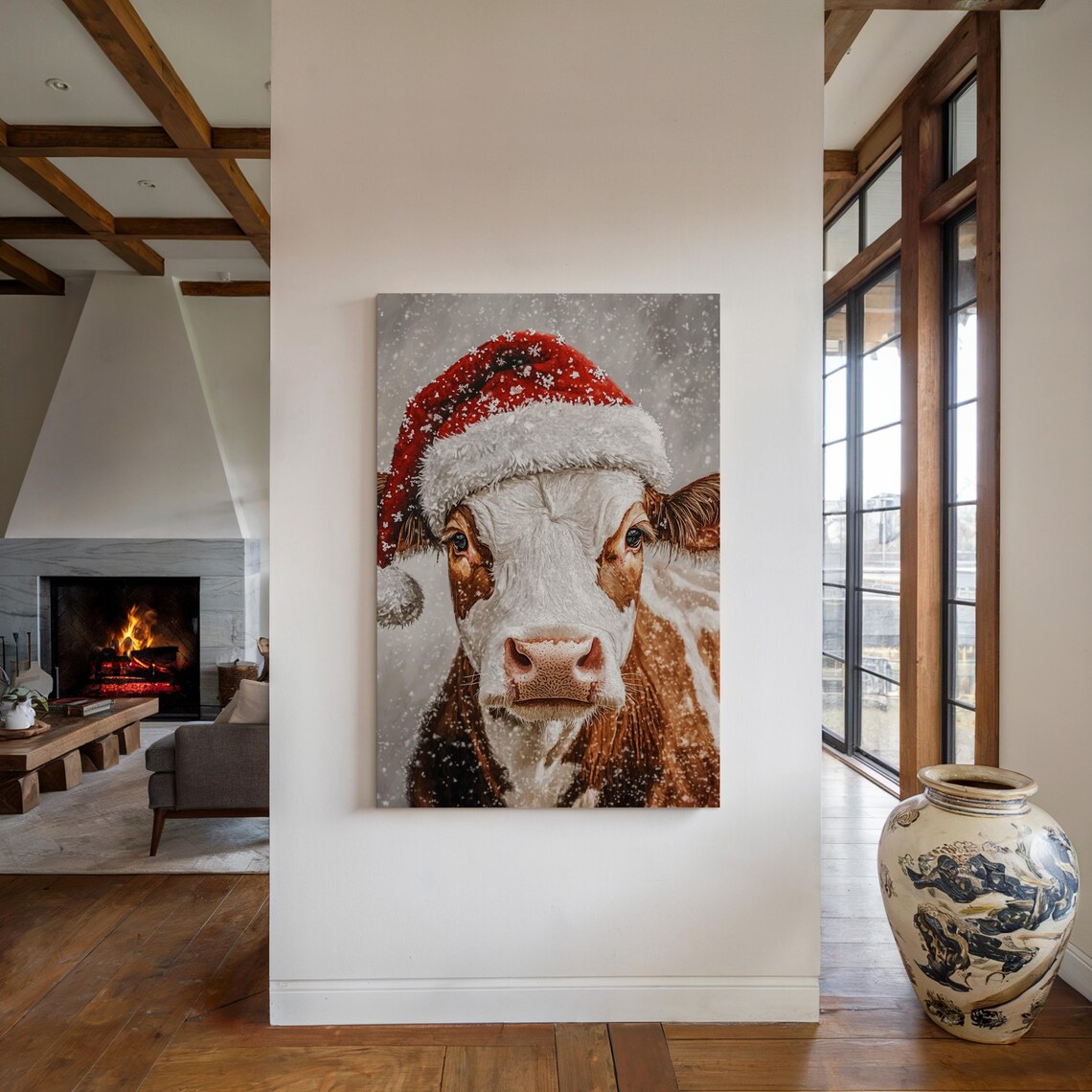 Adorable Cow in a Santa Hat Smiling on a Snowy Christmas Day Poster - Image 6