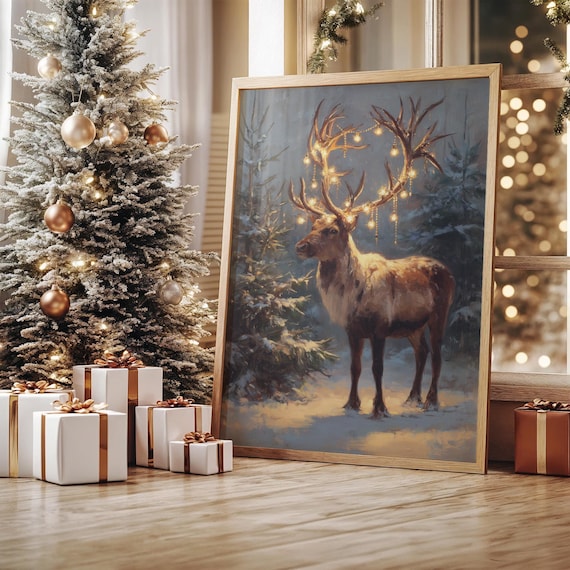Reindeer With Glowing Antler Lights in Snowy Forest Holiday Poster