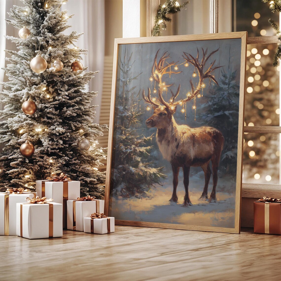Reindeer With Glowing Antler Lights in Snowy Forest Holiday Poster