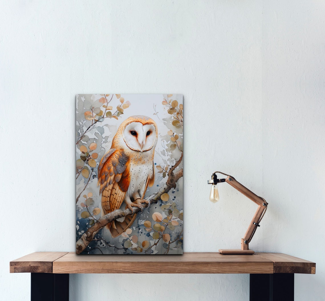 Barn Owl Front View Branch Watercolor Autumn Forest Bird Poster