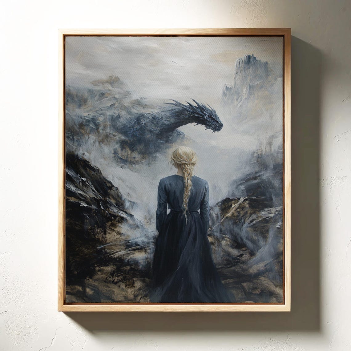 Woman Facing Dragon Misty Mountains Epic Fantasy Adventure Art Poster - Image 2