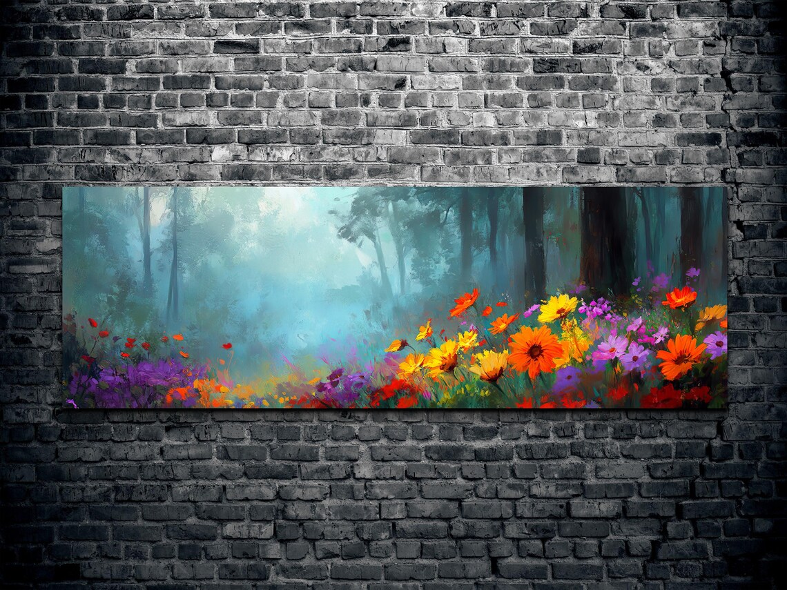 Misty Forest Wild Flower Landscape, Tranquil Art - Image 2