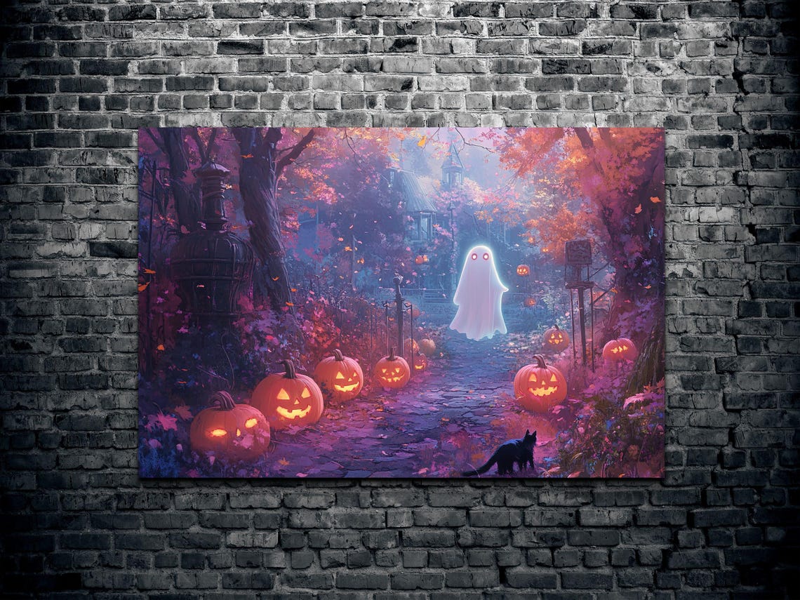 Cute Ghost Pumpkins Black Cat Halloween Night Pathway Scene Poster - Image 2