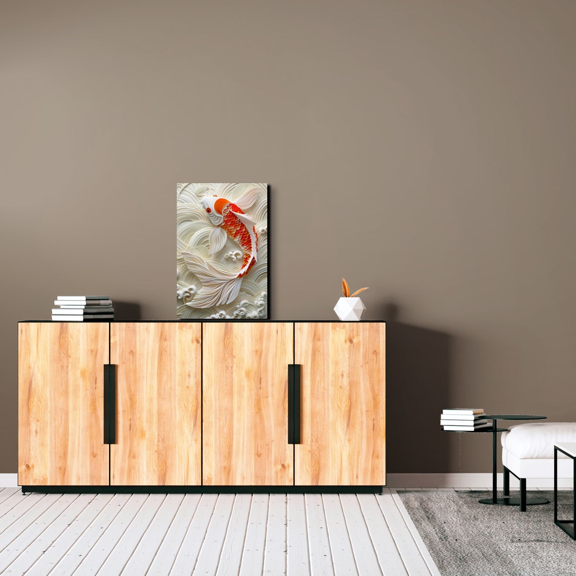 Orange Koi Fish on White Waves Paper Cut Style Nature Poster - Image 5