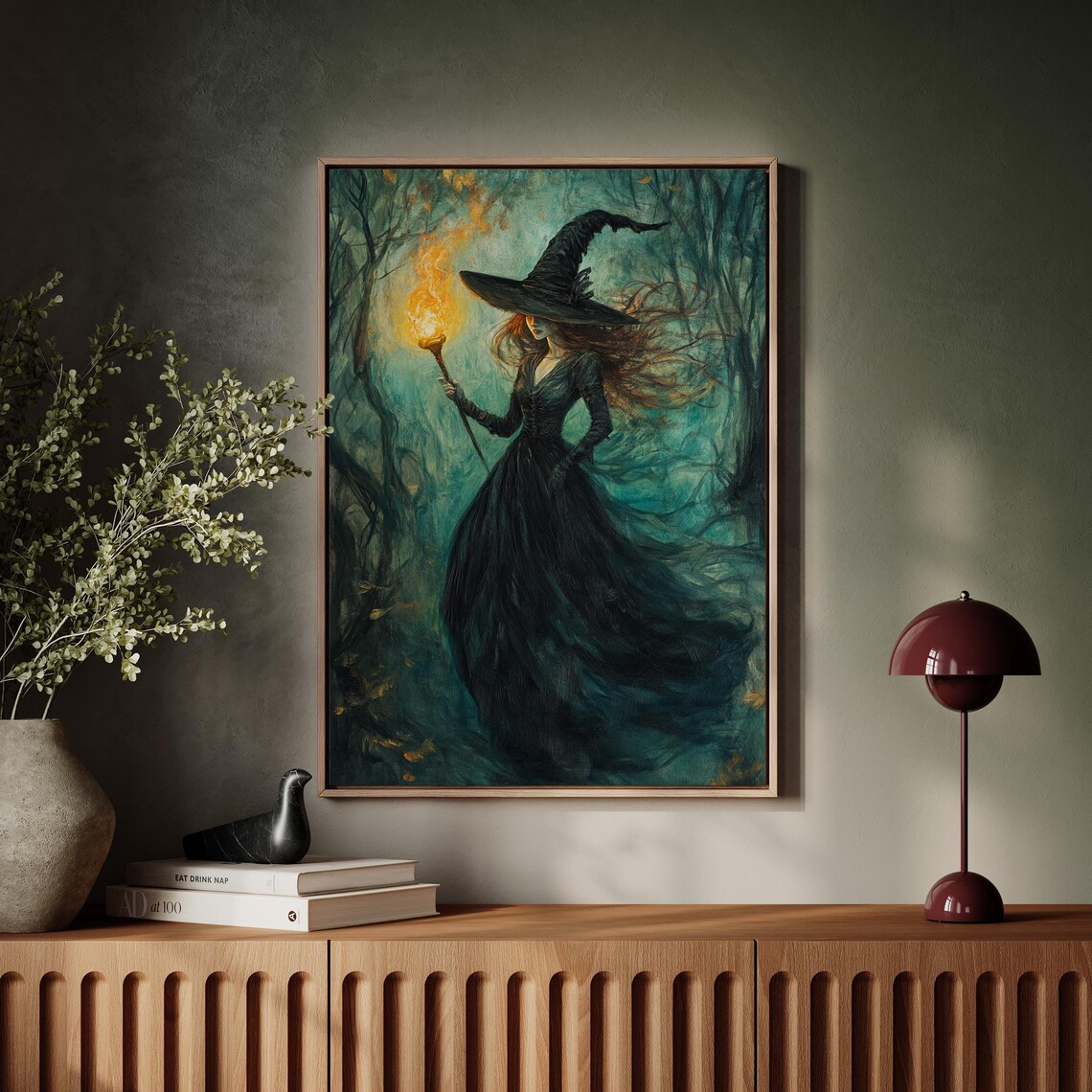 Mystical Witch Holding a Flaming Torch in a Dark Enchanted Forest Poster - Image 7