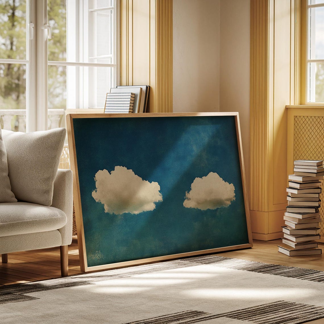 Rustic Two Cloud Cloudscape On Distressed Teal Blue Sky Art Poster - Image 7