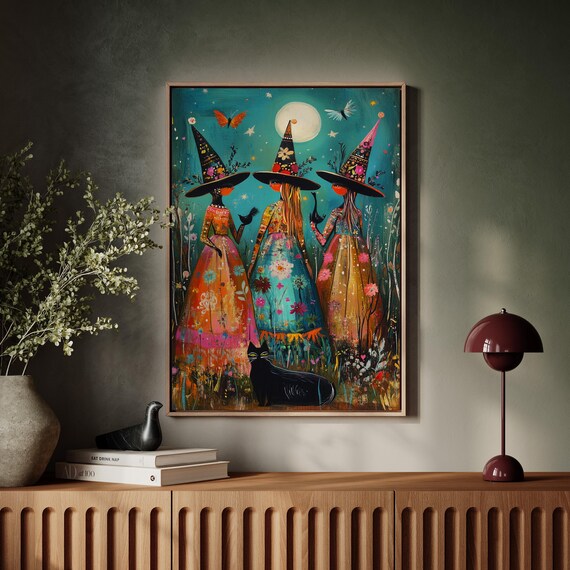 Whimsical Witches Under Full Moon Starry Night Black Cat Halloween Poster