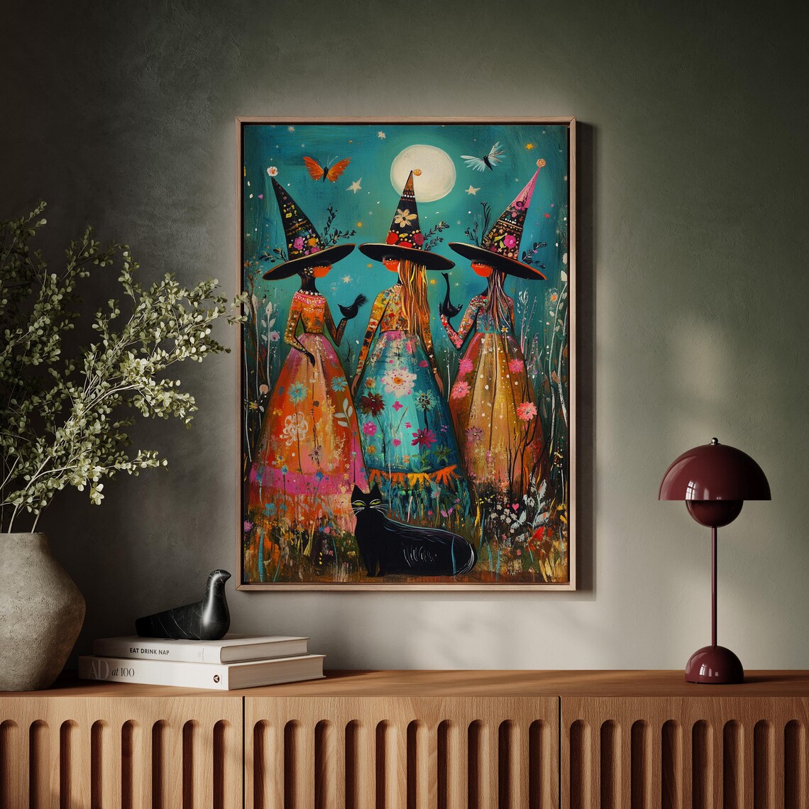 Whimsical Witches Under Full Moon Starry Night Black Cat Halloween Poster