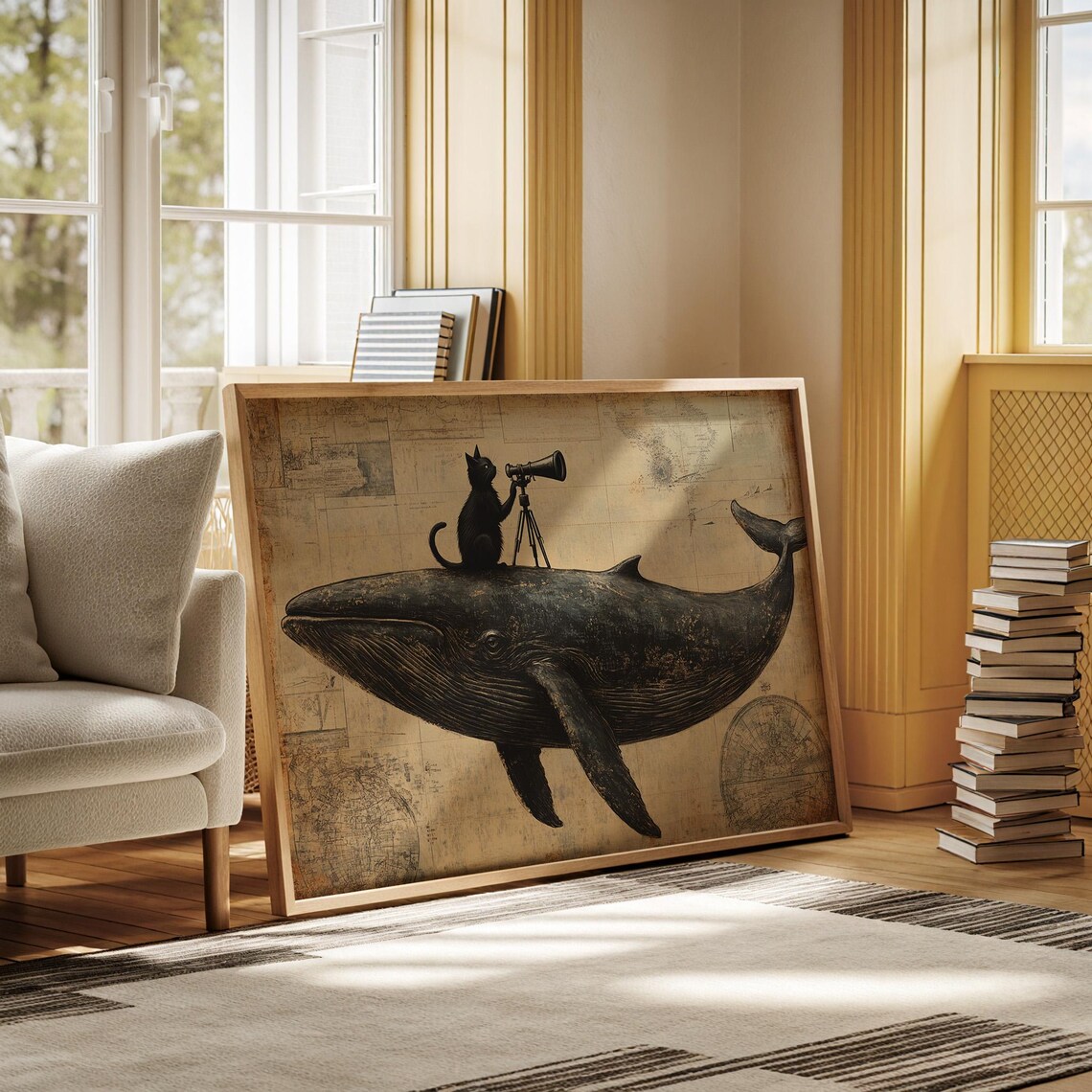 Black Cat With Telescope Riding Whale Surreal Vintage Nautical Animal Poster - Image 6