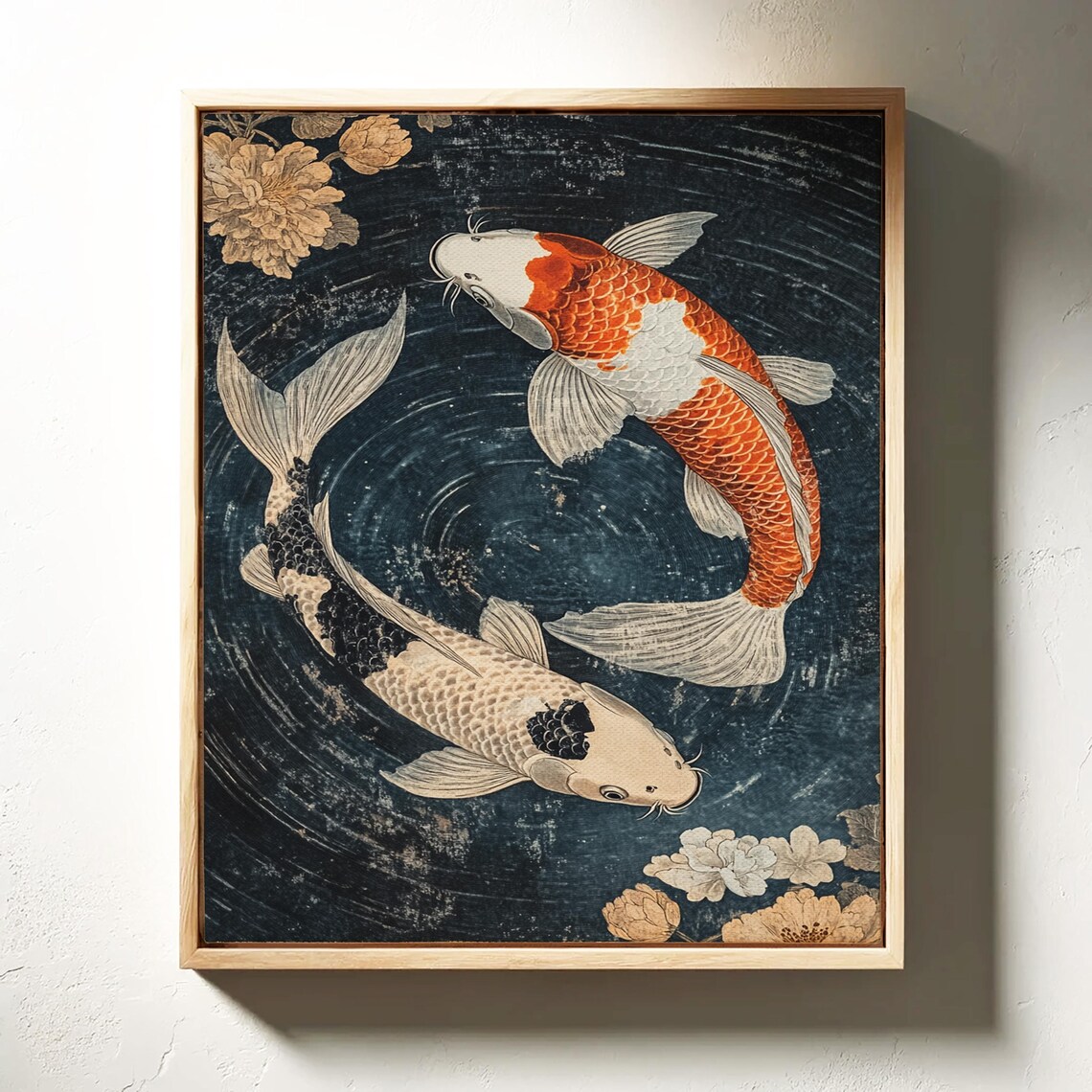 Yin Yang Koi Fish Pair Circling Dark Water With Blossom Flowers Poster - Image 6