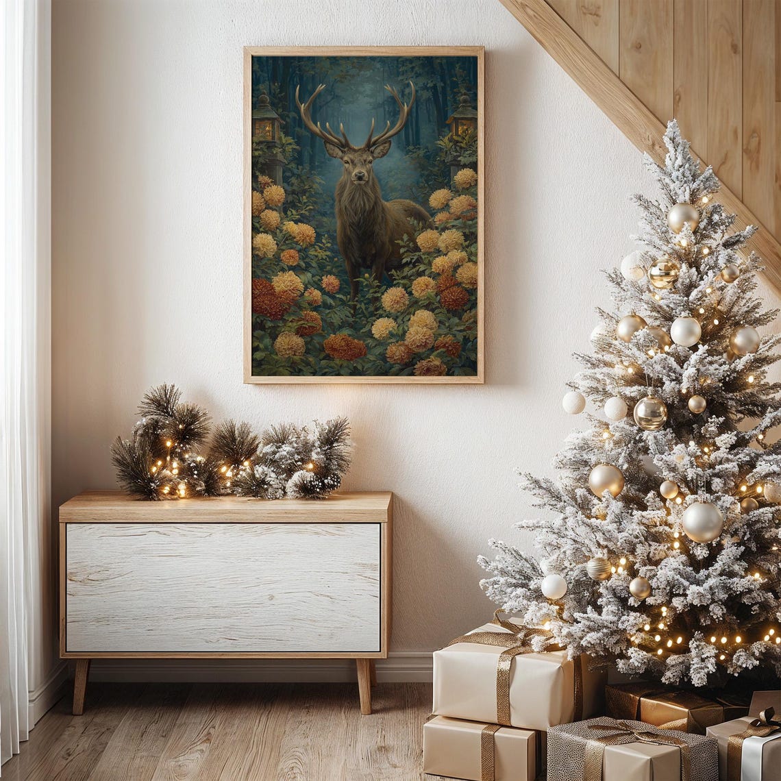 Majestic Stag In Lantern Lit Forest With Fall Flowers Art Print