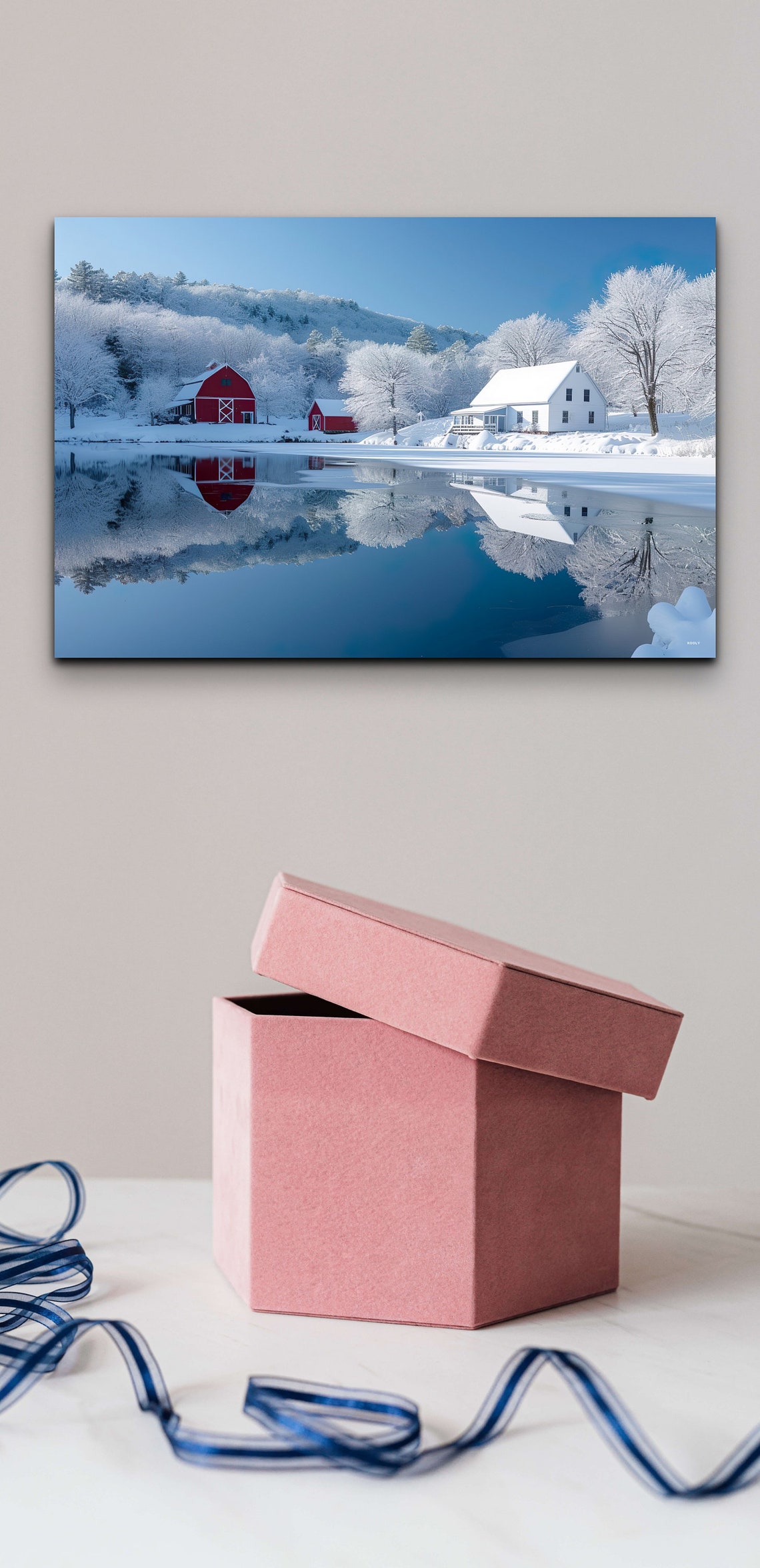 Red Barns White Farmhouse Winter Reflection Snowy Lake Poster - Image 5