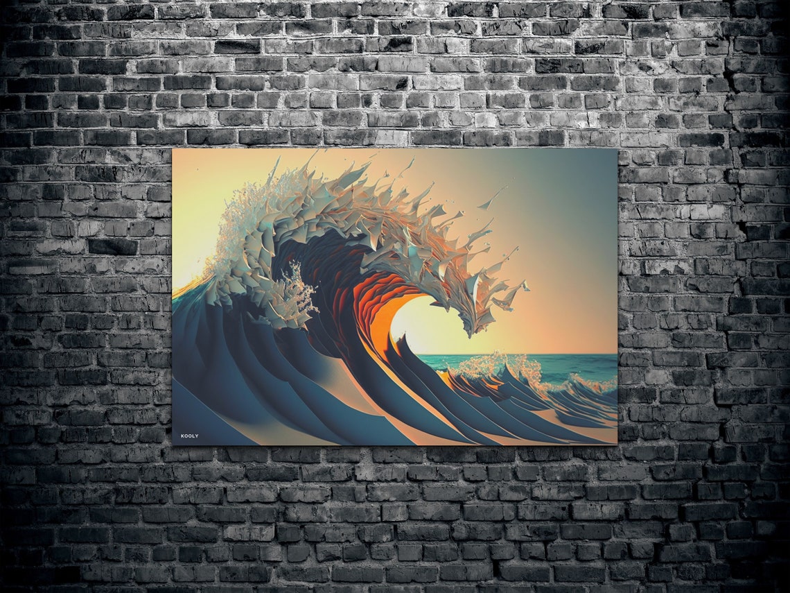Giant Curling Ocean Wave Sunset Sculpture Style Surf Art Poster
