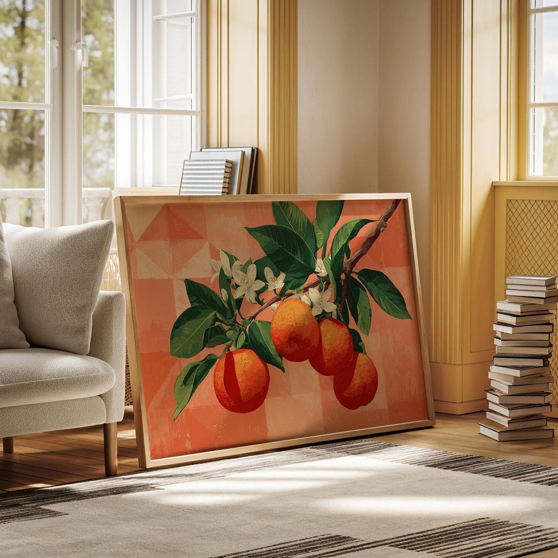 Orange Branch with White Blossoms Warm Citrus Botanical Art Print