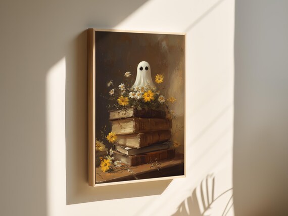 Whimsical Ghost On Vintage Books With Daisies Cozy Fall Art Poster