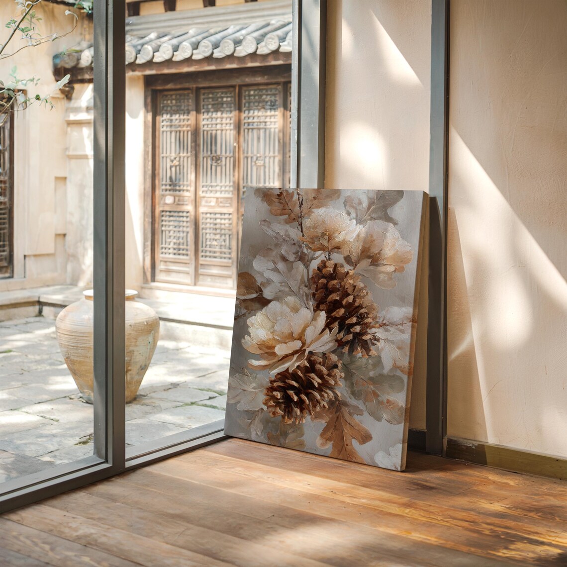 Rustic Pinecone and Cream Floral Botanical Neutral Autumn Canvas Print