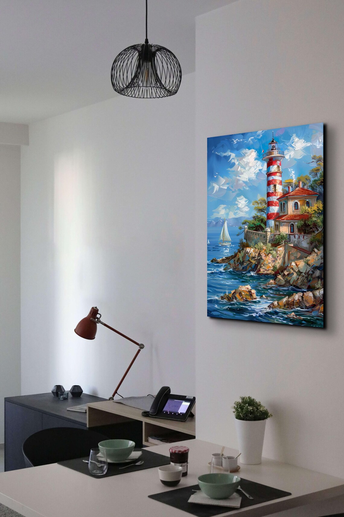 Striped Lighthouse on Rocky Cliff With Sailboats Seaside Poster - Image 3