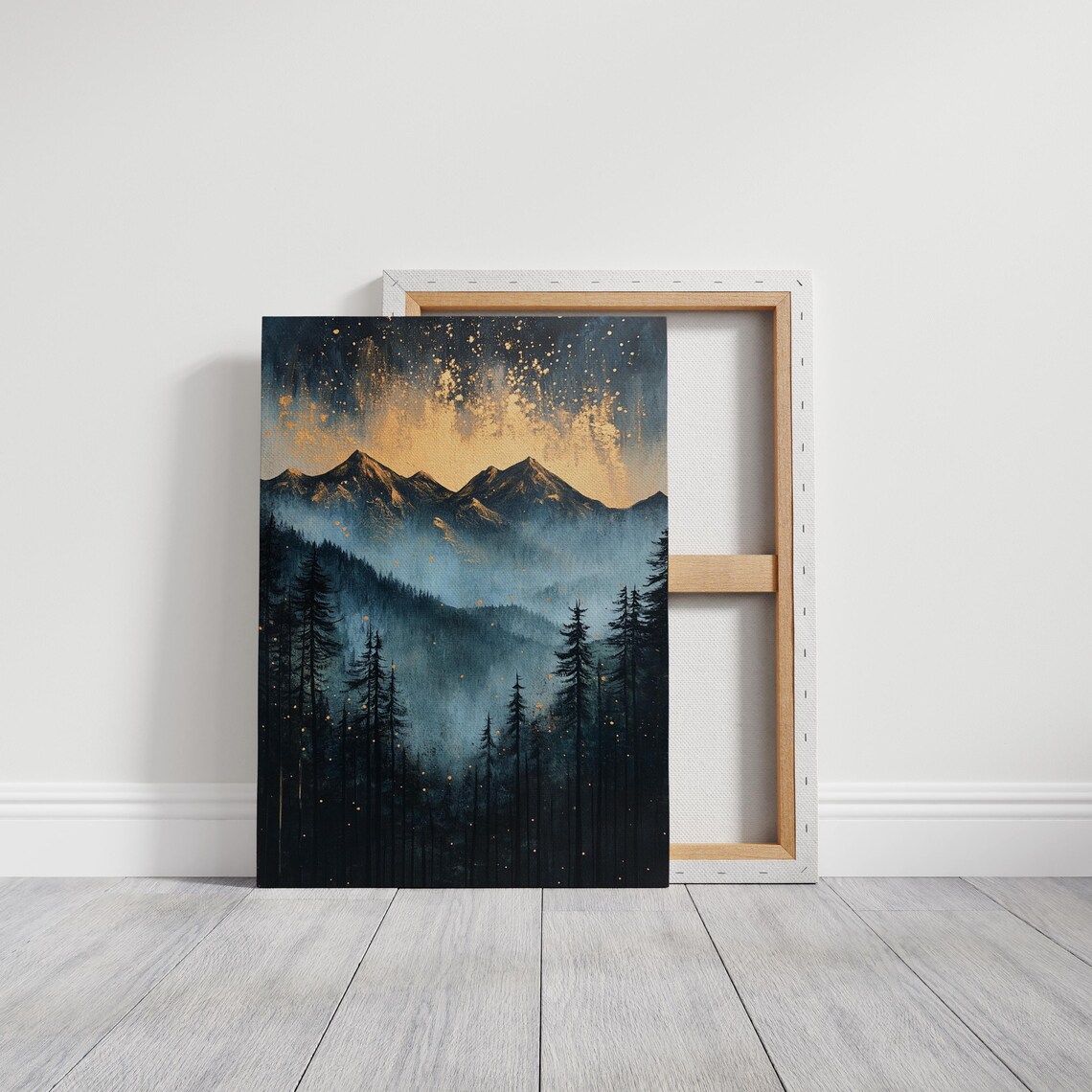 Golden Mountain Glow Misty Forest Landscape, Starry Sky - Image 7