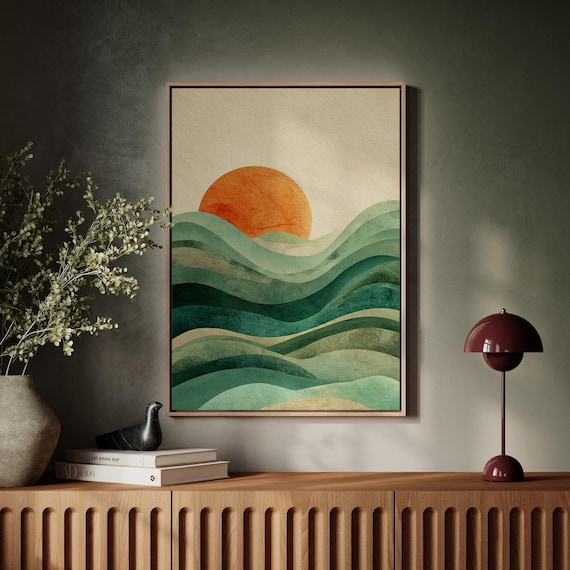 Retro Sunset Waves Minimalist Abstract Ocean Green Sun Art Poster