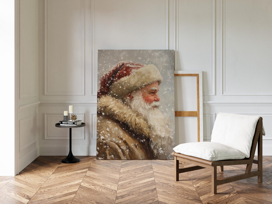 Santa Claus Profile In Falling Snow Vintage Holiday Portrait Wall Art - Image 6
