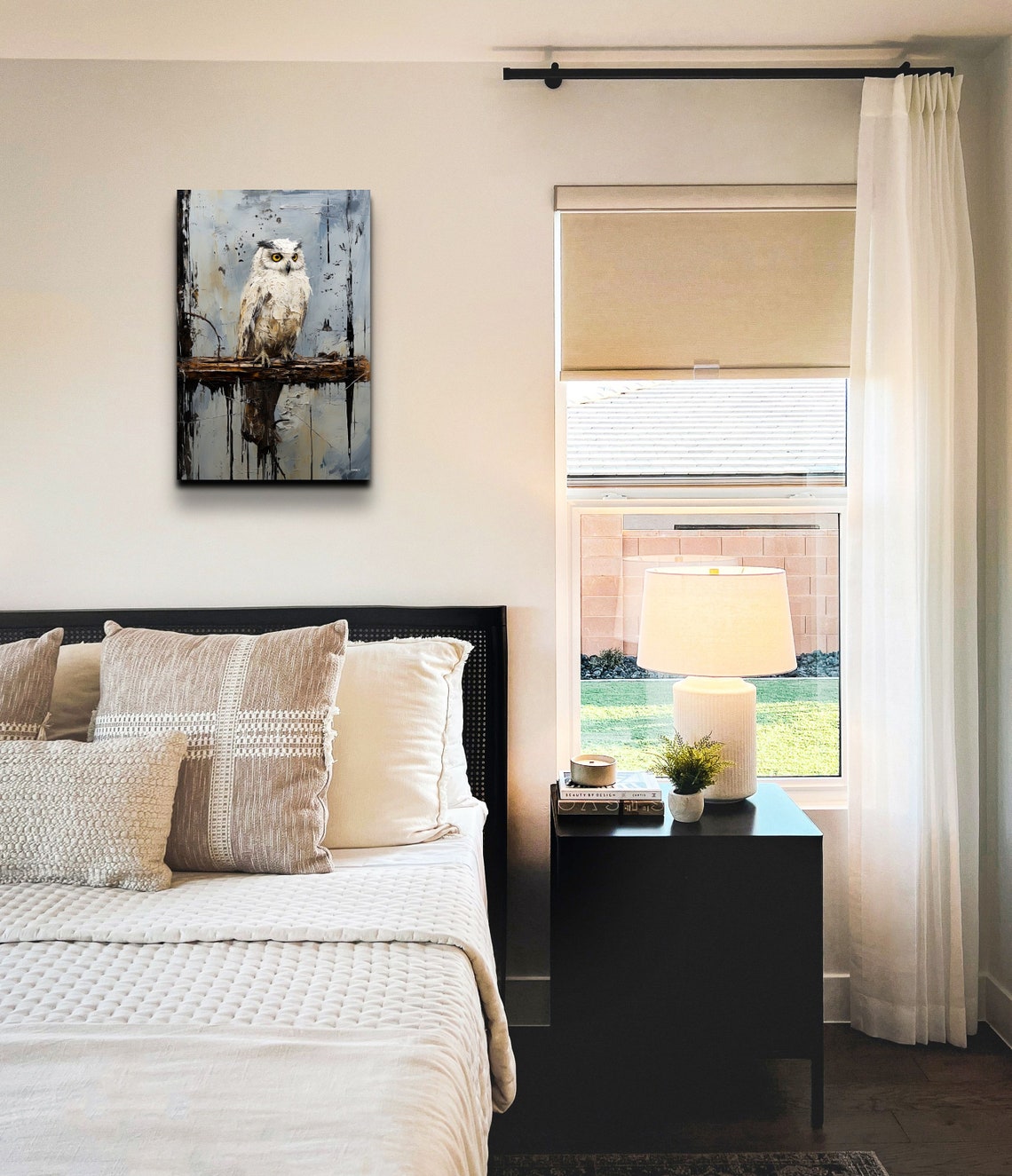 White Owl Perched On Branch Textured Oil Painting Style Poster - Image 3