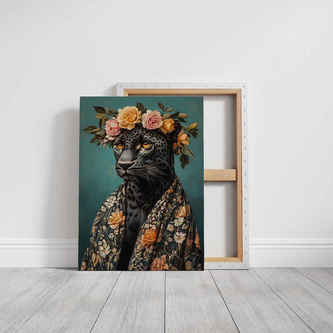 Elegant Black Panther Floral Crown Ornate Shawl Portrait Poster - Image 3
