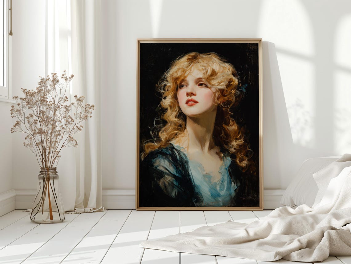 Elegant Blonde Woman Portrait, Vintage Oil Painting