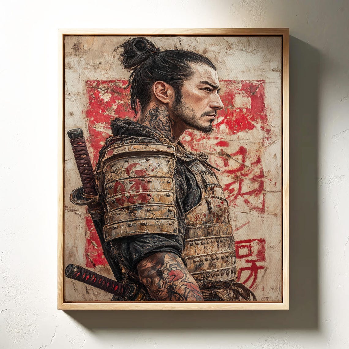 Samurai Warrior Art Print Intense Side Profile In Detailed Armor Red Accents And Textured Background For Bold Japanese Decor - Image 4