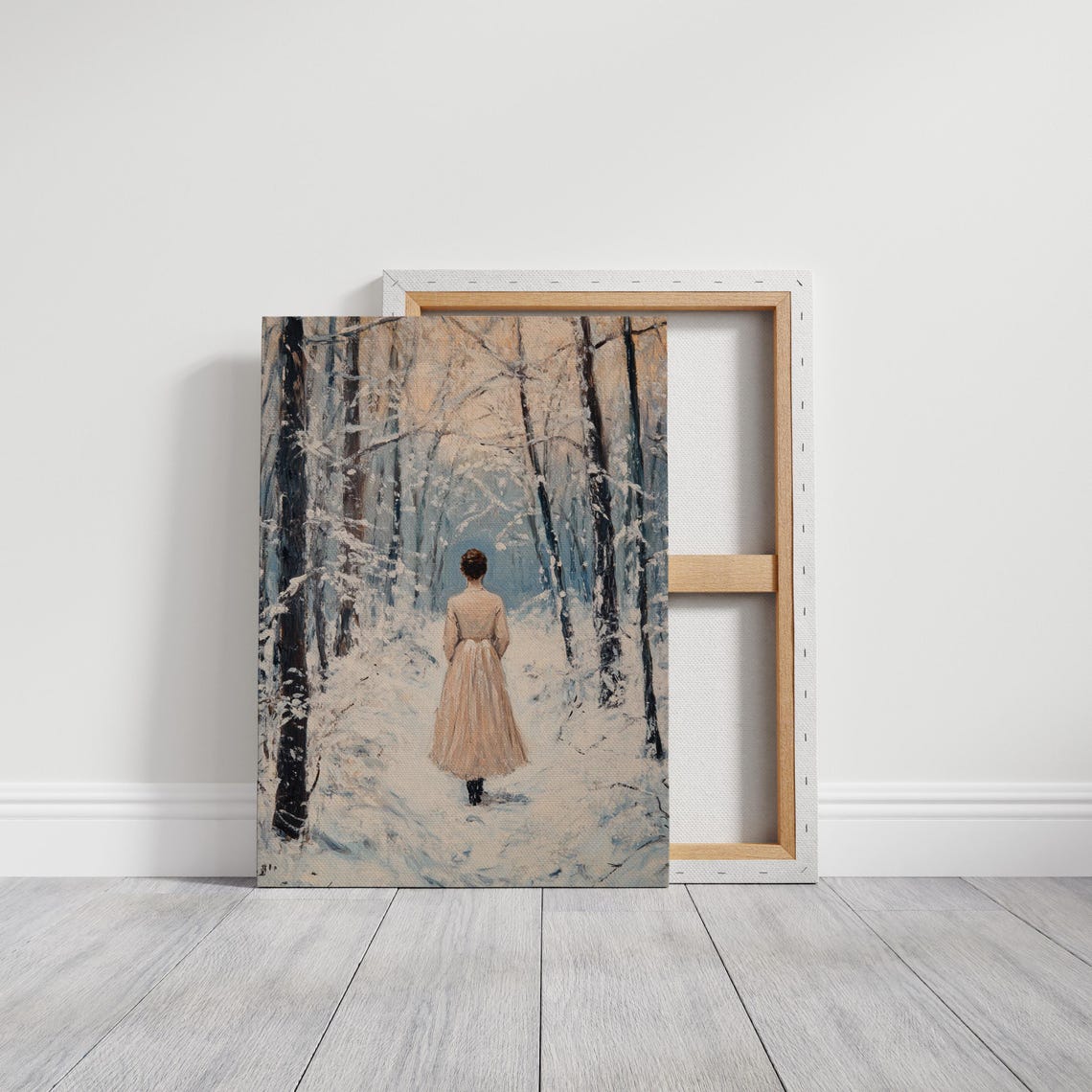 Woman Walking Away Through Snowy Forest Path Winter Scene Poster - Image 3