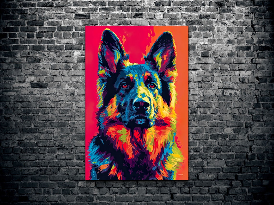 German Shepherd Portrait in Vivid Rainbow Neon Pop Art Style Poster - Image 2