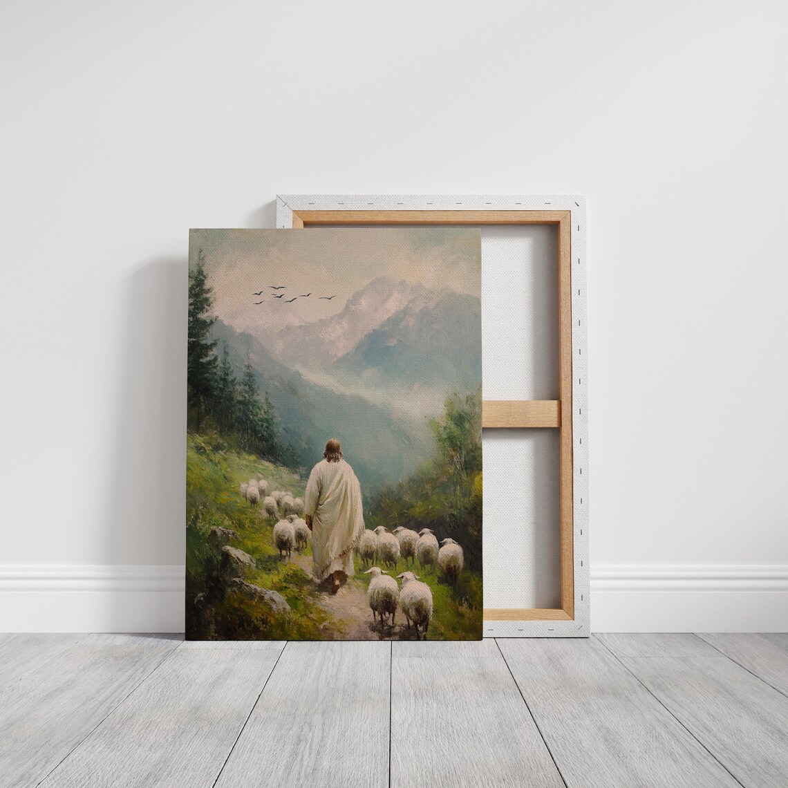Jesus Leading Sheep Pastoral Mountain Valley Christian Art Print - Image 2