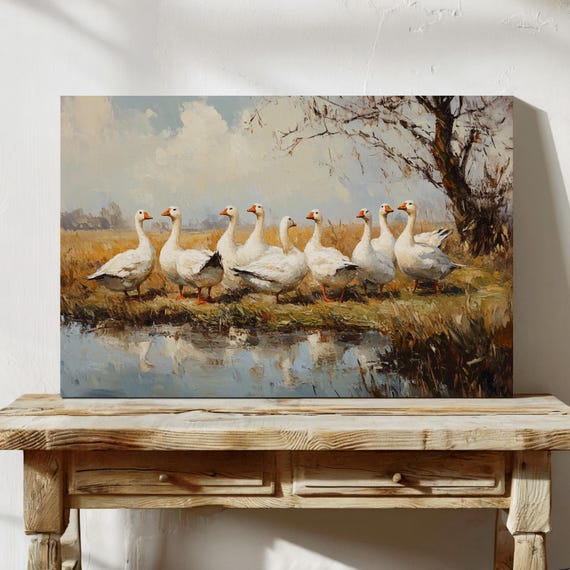 Vintage Goose Farm Painting Rustic Barnyard Wall Art Country Landscape Farmhouse Decor Cottagecore Wildlife Illustration