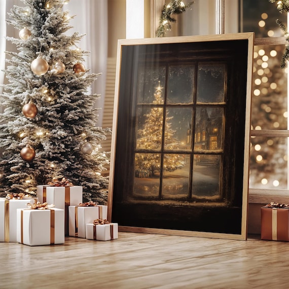 Glowing Christmas Tree Seen Through Frosted Window Night Poster