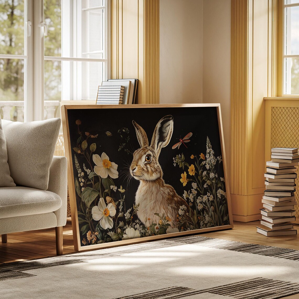 Elegant Rabbit In Wildflower Garden, Botanical Art Print