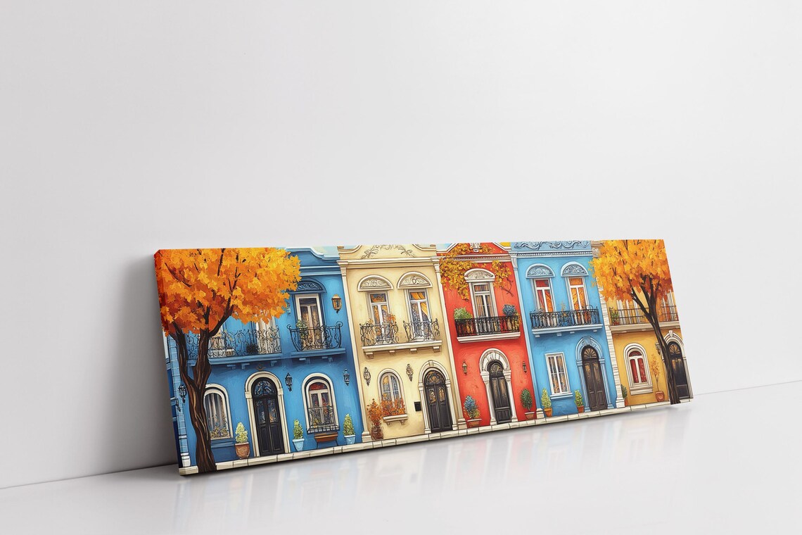 Colorful Row Houses Autumn Street Scene Charming Town Decor Poster - Image 7