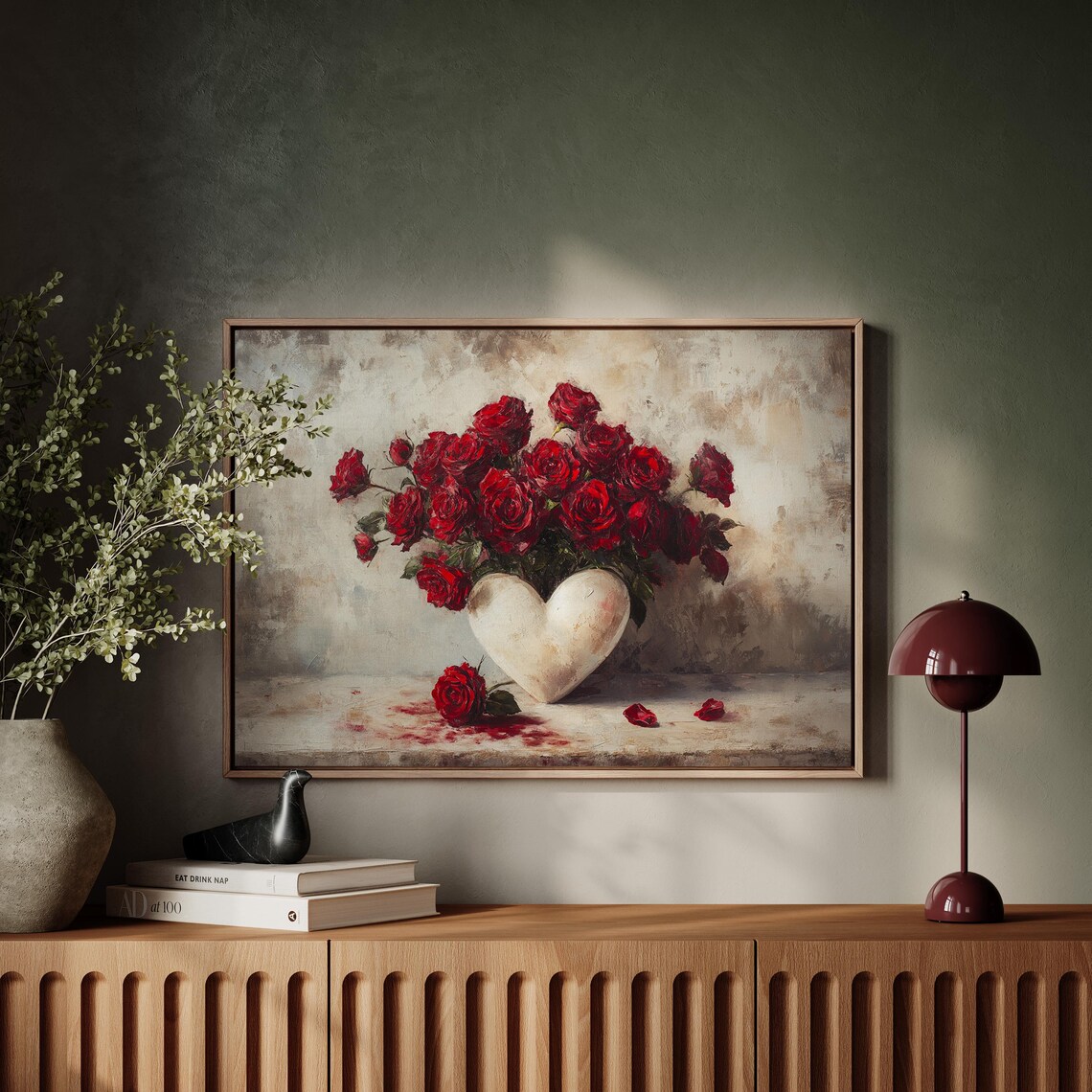 Red Roses In White Heart Vase Romantic Floral Oil Painting Poster - Image 6