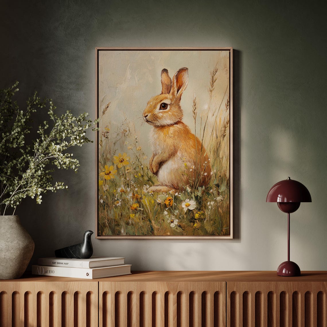 Orange Rabbit Sitting in Wildflower Meadow Cute Bunny Art Print