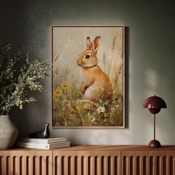 Orange Rabbit Sitting in Wildflower Meadow Cute Bunny Art Print